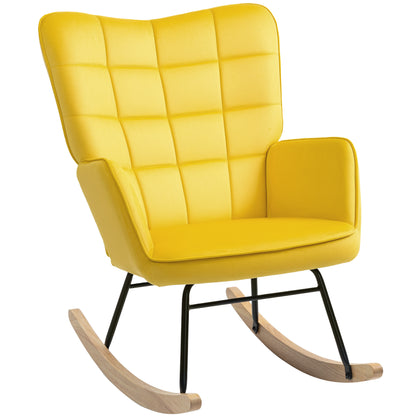 Schommelstoel – Rocking Chair – Wiegstoel – Relaxstoel – Voedingsstoel – Fluweel Bekleding – Stalen Frame Met Massief Houten Poten – Geel