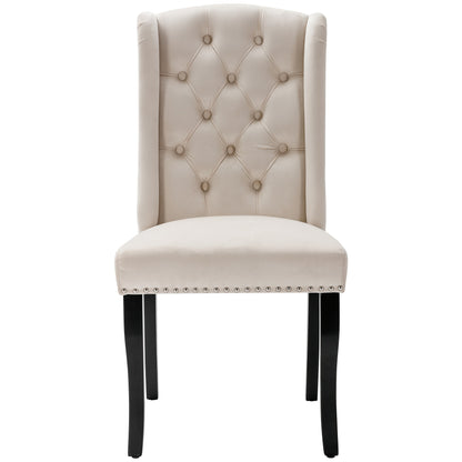 Eetkamerstoelen – Stoelen – Kuipstoelen – Keukenstoelen – Lounge Stoelen – Set Van 4 – Beige Velvet – Massief Eikenhouten Poten – Decoratieve Knopen En Nagelrand