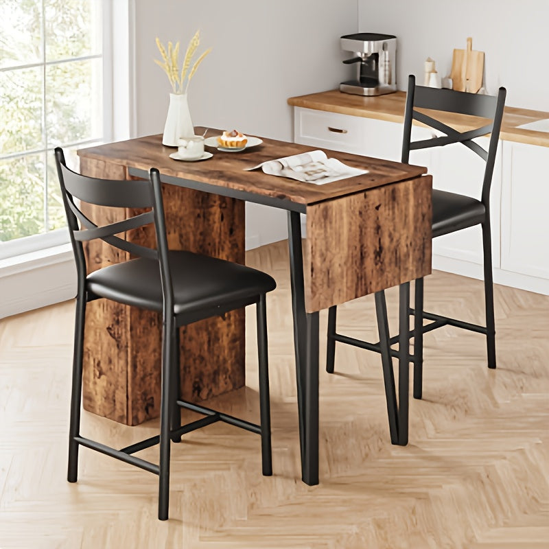 3-delige Eettafelset – Eettafel Meubelset – Keukentafel Set – Barset – Kleine Ruimte Meubel – Compact Formaat – Hardhout en Metaal – 3 Opbergbakken – Grijs