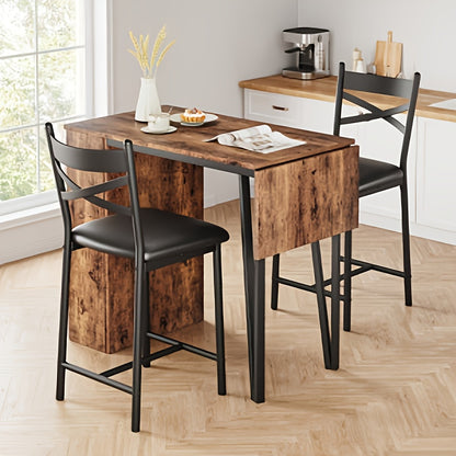 3-delige Eettafelset – Eettafel Meubelset – Keukentafel Set – Barset – Kleine Ruimte Meubel – Compact Formaat – Hardhout en Metaal – 3 Opbergbakken – Grijs