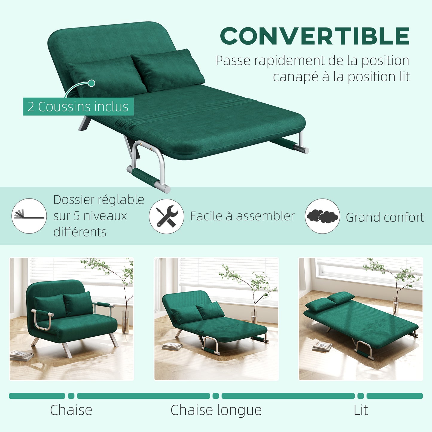2-Zits Slaapbank – Bankbed – Slaapbankje – Slaapbank Mini – Bedbank – Verstelbare Rugleuning – Suède Look Afneembare Bekleding Groen