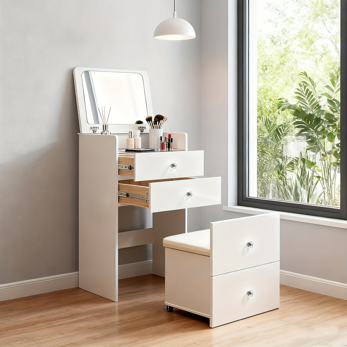 Witte Make-up Tafel – Kaptafel – Vanity Desk – Schminktisch – Dressing Table – Met Spiegel En Rollende Kruk – 2 Laden Met Glasplaat – Ruimtebesparend Zonder Montage