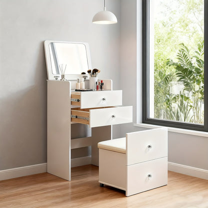 Witte Make-up Tafel – Kaptafel – Vanity Desk – Schminktisch – Dressing Table – Met Spiegel En Rollende Kruk – 2 Laden Met Glasplaat – Ruimtebesparend Zonder Montage