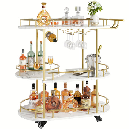 Serveerwagen – Keukentrolley – Barwagen – Roltafel – Opbergwagen – Goud Metalen Frame – 2 Lagen Houten Planken