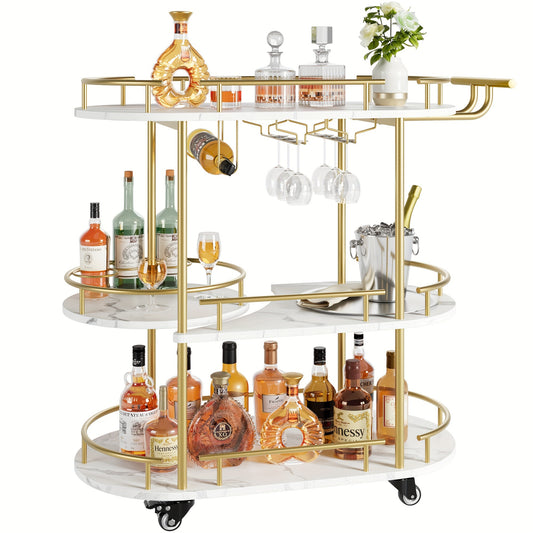 Serveerwagen – Keukentrolley – Barwagen – Roltafel – Opbergwagen – Goud Metalen Frame – 2 Lagen Houten Planken