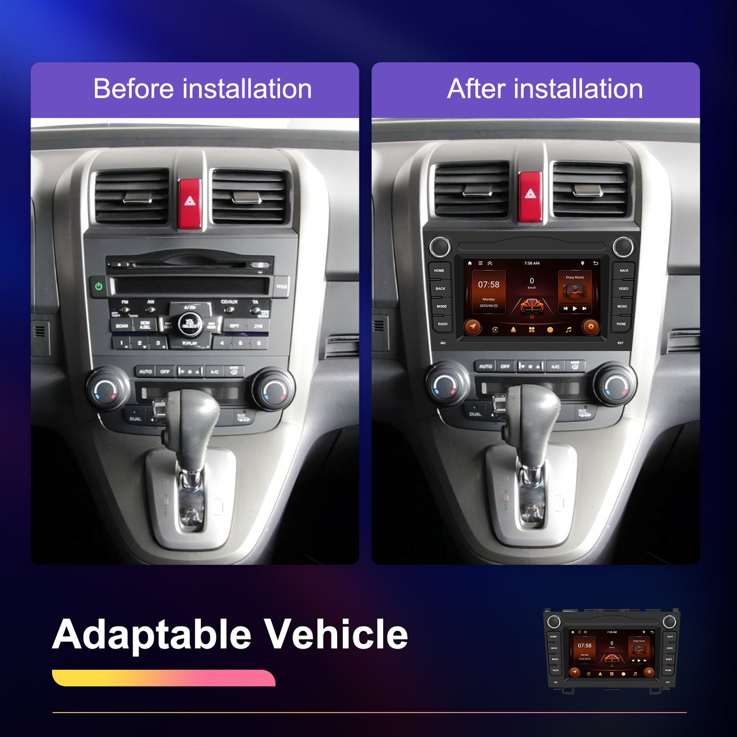 PODOFO 7-Inch Android Car System for Honda CR-V 2007-2011, Wireless CarPlay/Android Auto, AI DSP/GPS/WiFi/B/T5.0/FM/Mirror Link + Mic, Without Battery