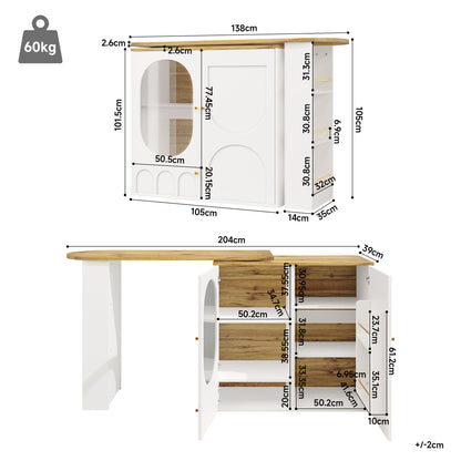 Barkast – Wijnrek – Drankkast – Bartafel – Keukentrolley – 360° Draaibaar – MDF Metalen Frame – 138x39x105 cm – 3 Deuren Met Uitneembare Scheidingswanden