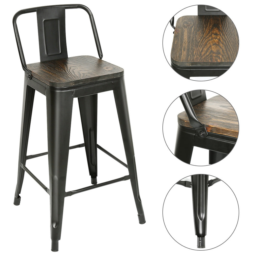 Barkrukken – Barstoelen – Keukenstoelen – Barkruk Set – Hoge Barkrukken – Vintage Industrieel Design – Hardhouten Zitting – Metalen Onderstel – Set van 4 – Zithoogte 63,5 cm – Eenvoudig te Monteren