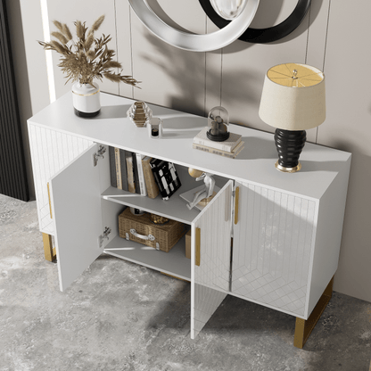 Dressoir – Ladekast – Opbergkast – Buffetkast – Kast – Hoogglans Wit – 4 Deuren – Metaal Handvatten & Poten – Geometrisch Design – 140x40x80 cm