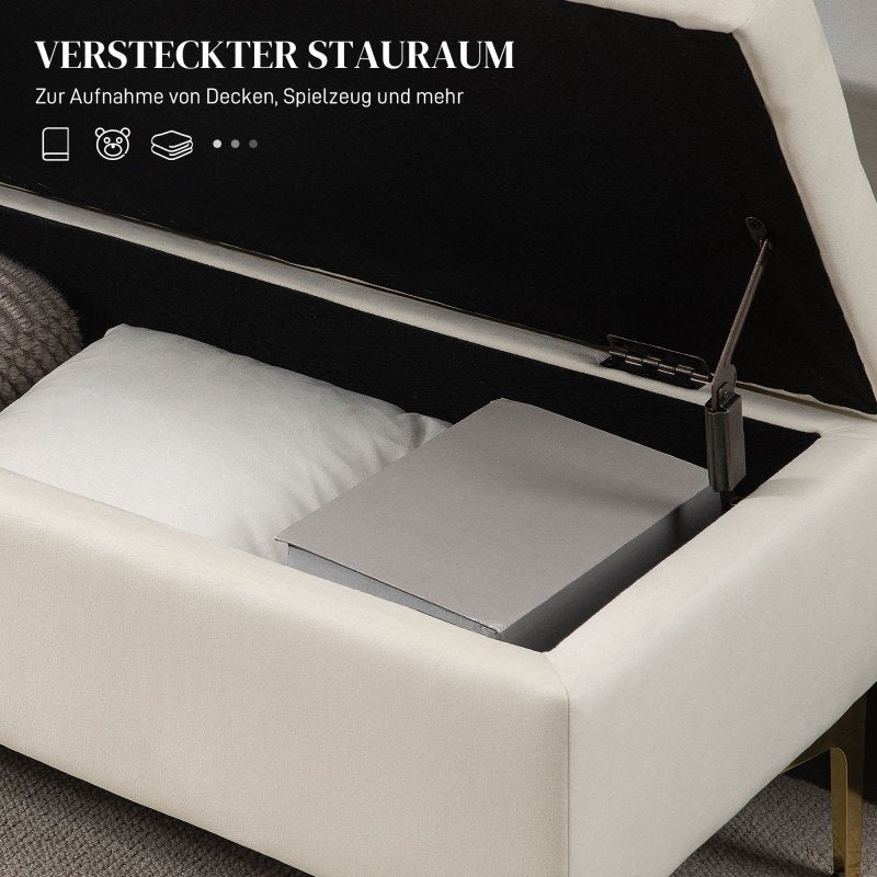 Opbergbankje – Zitbank – Opbergkist – Halbank – Poef – Beige Gestoffeerd – Met Opbergruimte – 120x44x44,5 cm – Met Goudkleurige Metalen Poten