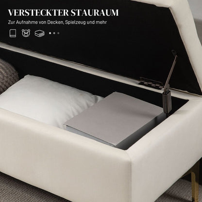 Opbergbankje – Zitbank – Opbergkist – Halbank – Poef – Beige Gestoffeerd – Met Opbergruimte – 120x44x44,5 cm – Met Goudkleurige Metalen Poten