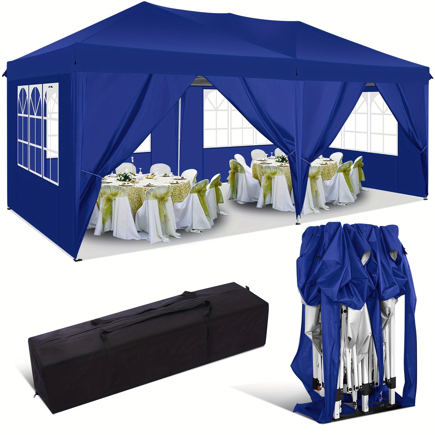Partytent 3x6m – Tuinfeest Tent – Marktkraam Overkapping – Camping Tarp – Feest Tent – 6 Zijwanden – UV-Bescherming – Pop-Up Frame – Diepblauw