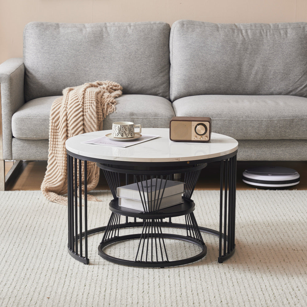 Modern nesting coffee tables, coffee table sets, high-gloss tabletops, marble-effect finish, sofa side tables, round nesting coffee tables, 2pcs sets, black frames,  Spacesaving Tables, Contemporary Style, Sleek Furniture, Me