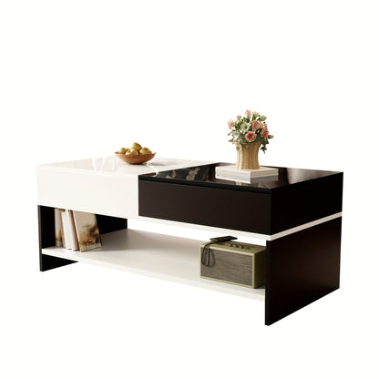 Modern Coffee Table with 2 Drawers - Black And White Design, Storage Space, High Gloss Table Top, 100cm Long