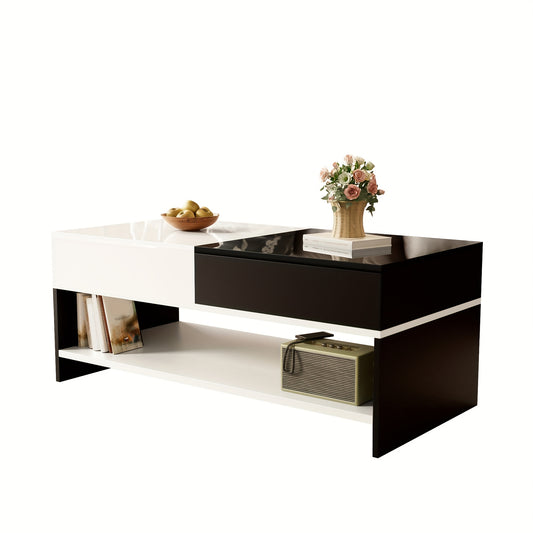 Modern Coffee Table with 2 Drawers - Black And White Design, Storage Space, High Gloss Table Top, 100cm Long