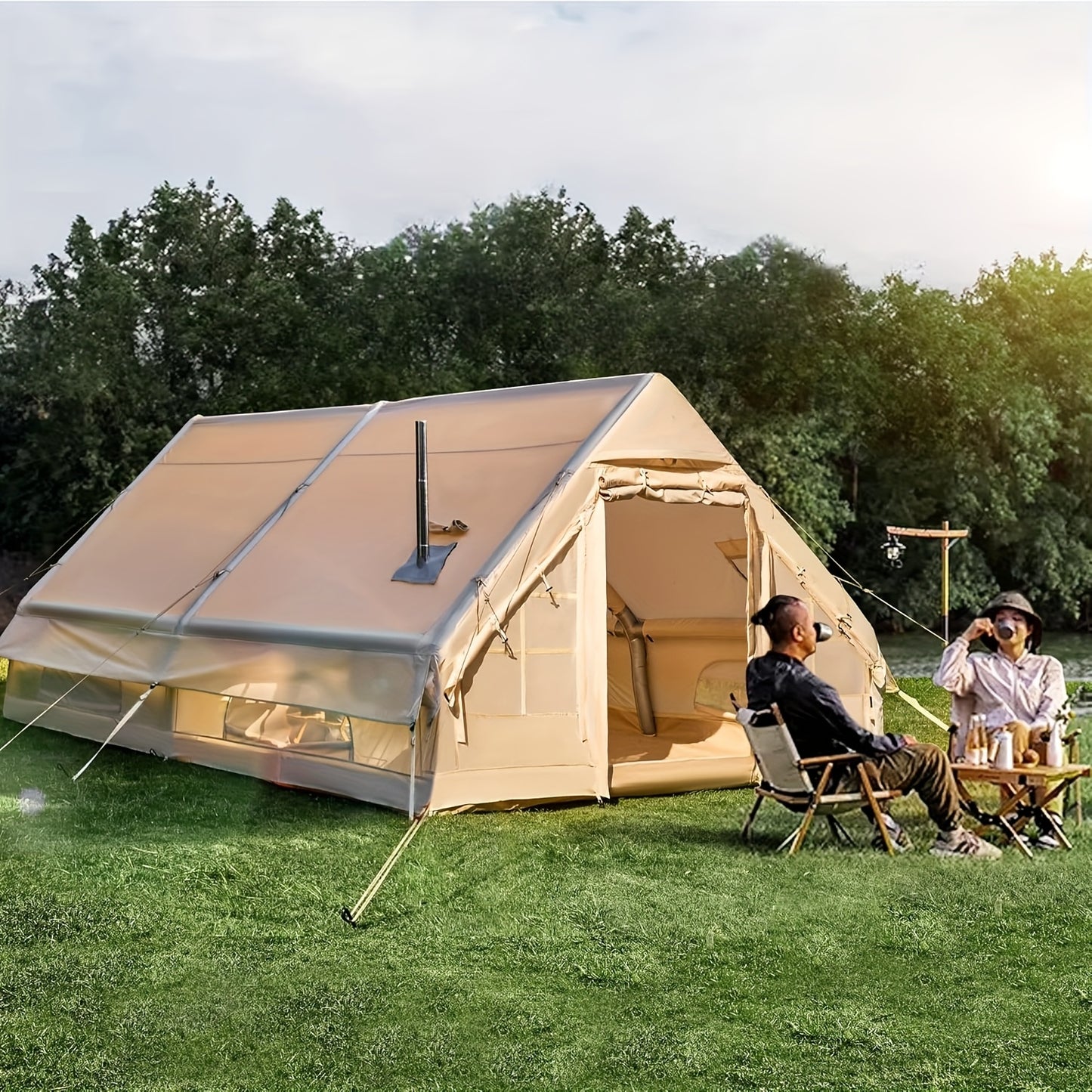 Tent – Kampeertent – Familietent – Feesttent – Opblaasbare Tent – 10 Personen – Waterdicht Oxford Stof – Snel Opzetten Met Schoorsteen & Dakraam