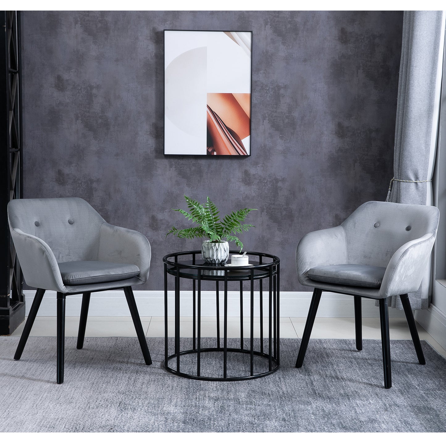 HOMCOM Dining Room Chairs Kitchen Chair Living Room Scandinavian Chairs - Set of 2 - Tapered Legs Black Wood - Grey Velvet