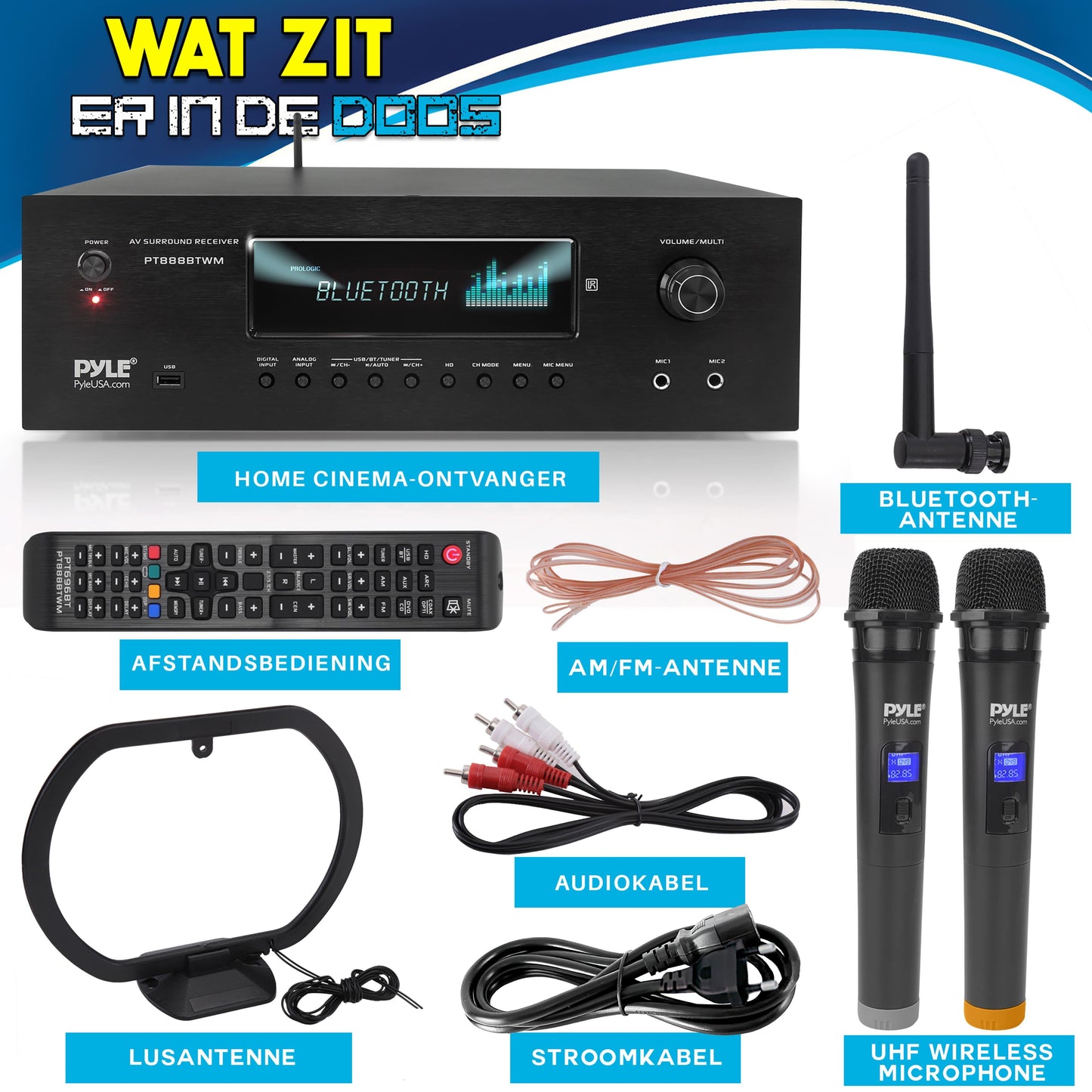 Karaoke Versterker – Audio Versterker – Bluetooth Receiver – Home Theater Versterker – 5.2 Channel Stereo – 1000 Watt Vermogen – 2 Draadloze UHF Microfoons