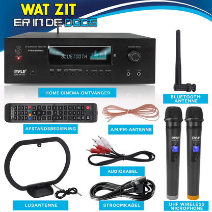 Karaoke Versterker – Audio Versterker – Bluetooth Receiver – Home Theater Versterker – 5.2 Channel Stereo – 1000 Watt Vermogen – 2 Draadloze UHF Microfoons