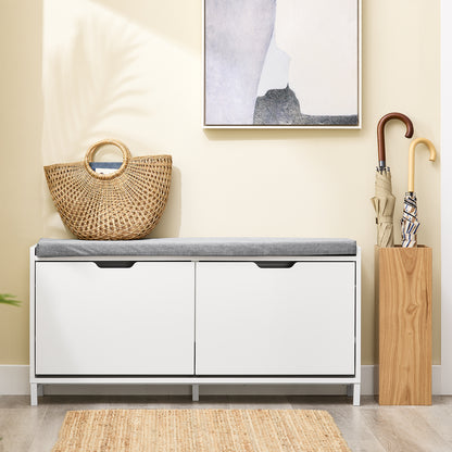 Schoenenbank – Schoenenrek – Opbergbank – Halbank – Zitbank – 4 Compartimenten – Comfortabel Zitkussen – Draagkracht 250 kg – Wit Hout 105x24x52 cm