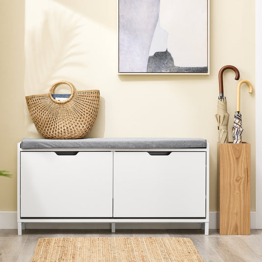 Schoenenbank – Schoenenrek – Opbergbank – Halbank – Zitbank – 4 Compartimenten – Comfortabel Zitkussen – Draagkracht 250 kg – Wit Hout 105x24x52 cm