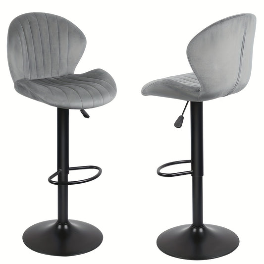 2 Velvet Bar Stools with Shell-Shaped Backrest & Footrest | Small Apartment Bar Stools Space-Saving Swivel Design| Heavy-Duty 150kg Capacity Commercial Grade Stools | Art Deco Shell Backrest Curved Ergonomic Support