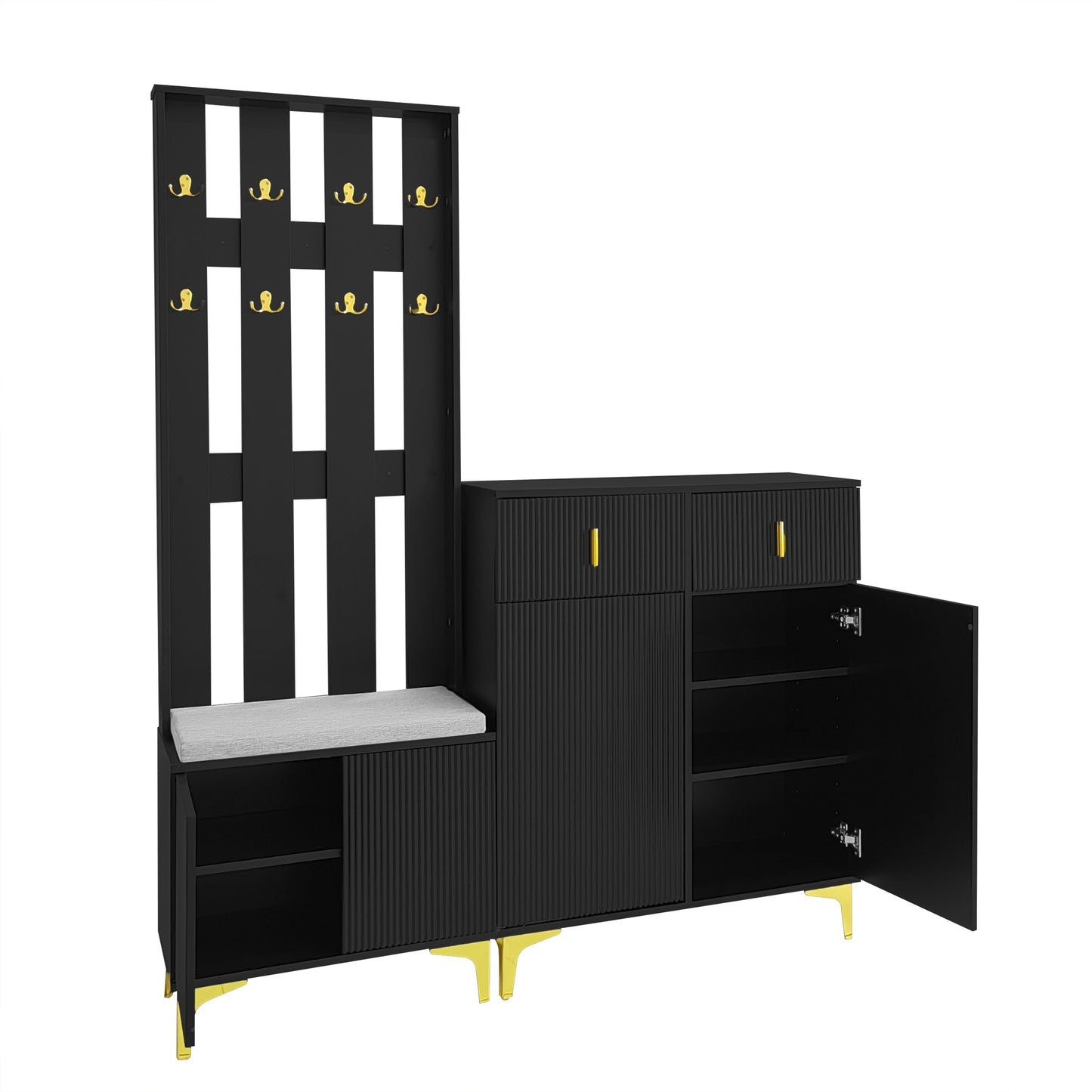 Wardrobe Set With Shoe Bench And Cushions, Wardrobe Front With Hooks, Shoe Cabinet With Drawers And Doors