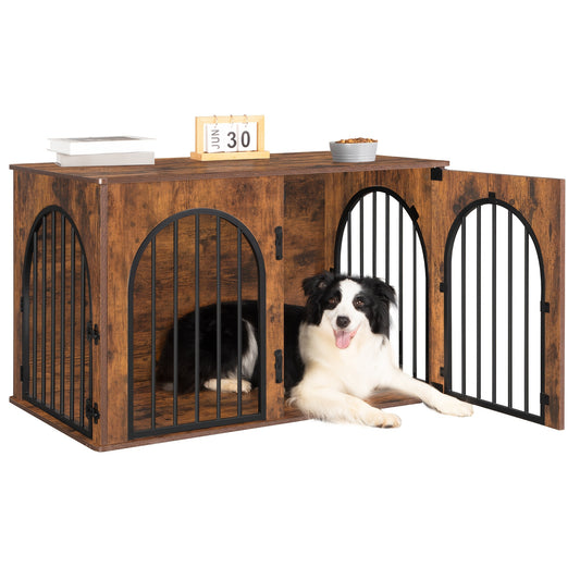 Hondenbench – Hondenhok – Hondenkennel – Hondenverblijf – Hondenkooi – Vintage Bruin – 3 Deuren Met Slot – Zijtafel Met Opbergruimte – 100x60x63 cm – Geschikt Voor Middelgrote Tot Grote Honden