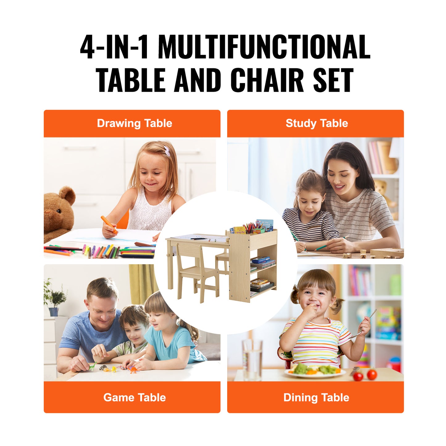 Kinderkunsttafel – Kindertafel – Speeltafel – Knutseltafel – Tafel met 2 Stoelen en Opbergkast – Geschikt voor 2-8 Jaar – Hittebestendig MDF