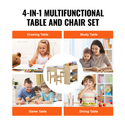 Kinderkunsttafel – Kindertafel – Speeltafel – Knutseltafel – Tafel met 2 Stoelen en Opbergkast – Geschikt voor 2-8 Jaar – Hittebestendig MDF