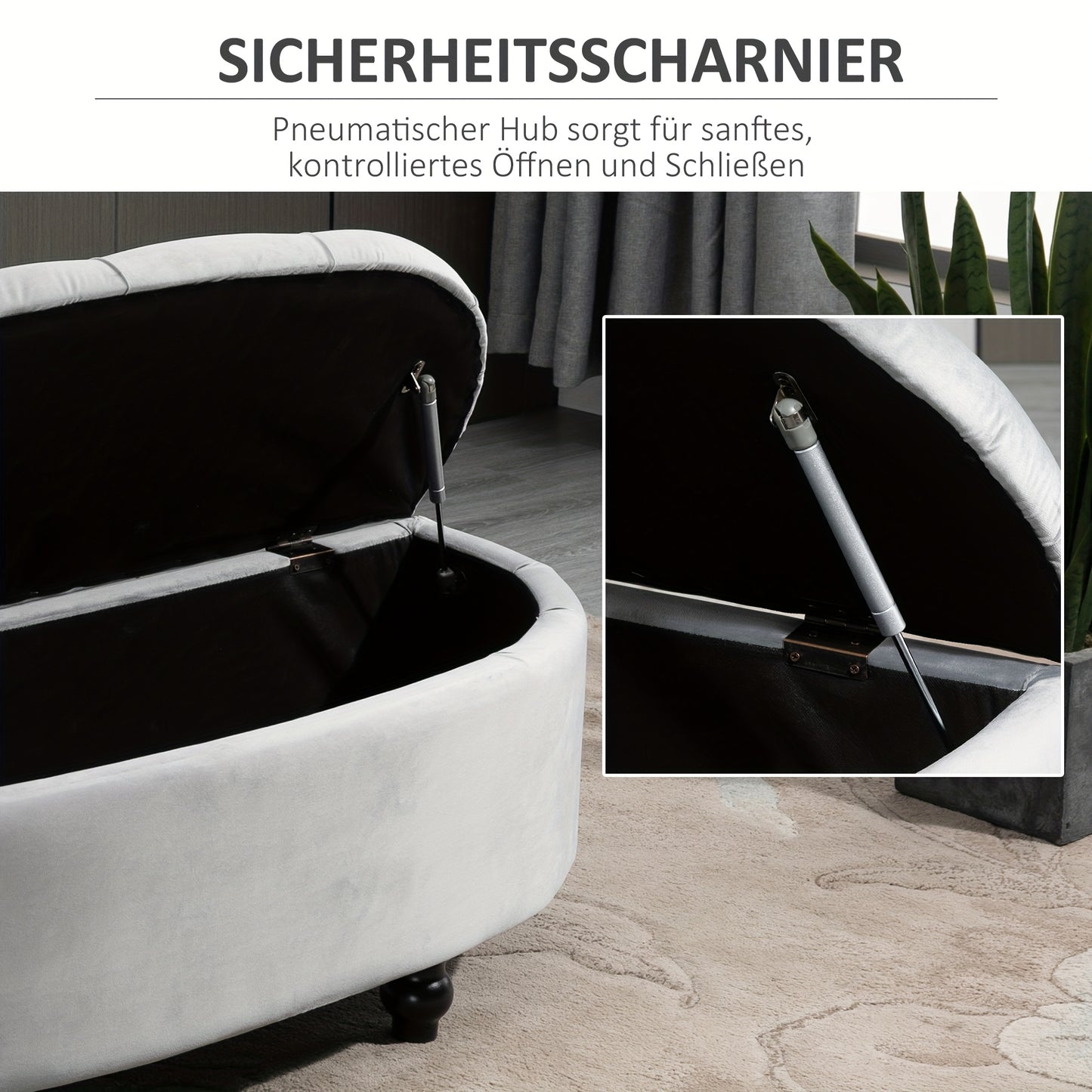 Poef – Opbergbank – Voetenbankje – Hocker – Zitkist – Fluweel Bekleed – Metalen Frame – Grijs – Met Verborgen Opbergruimte – Getufte Zitting