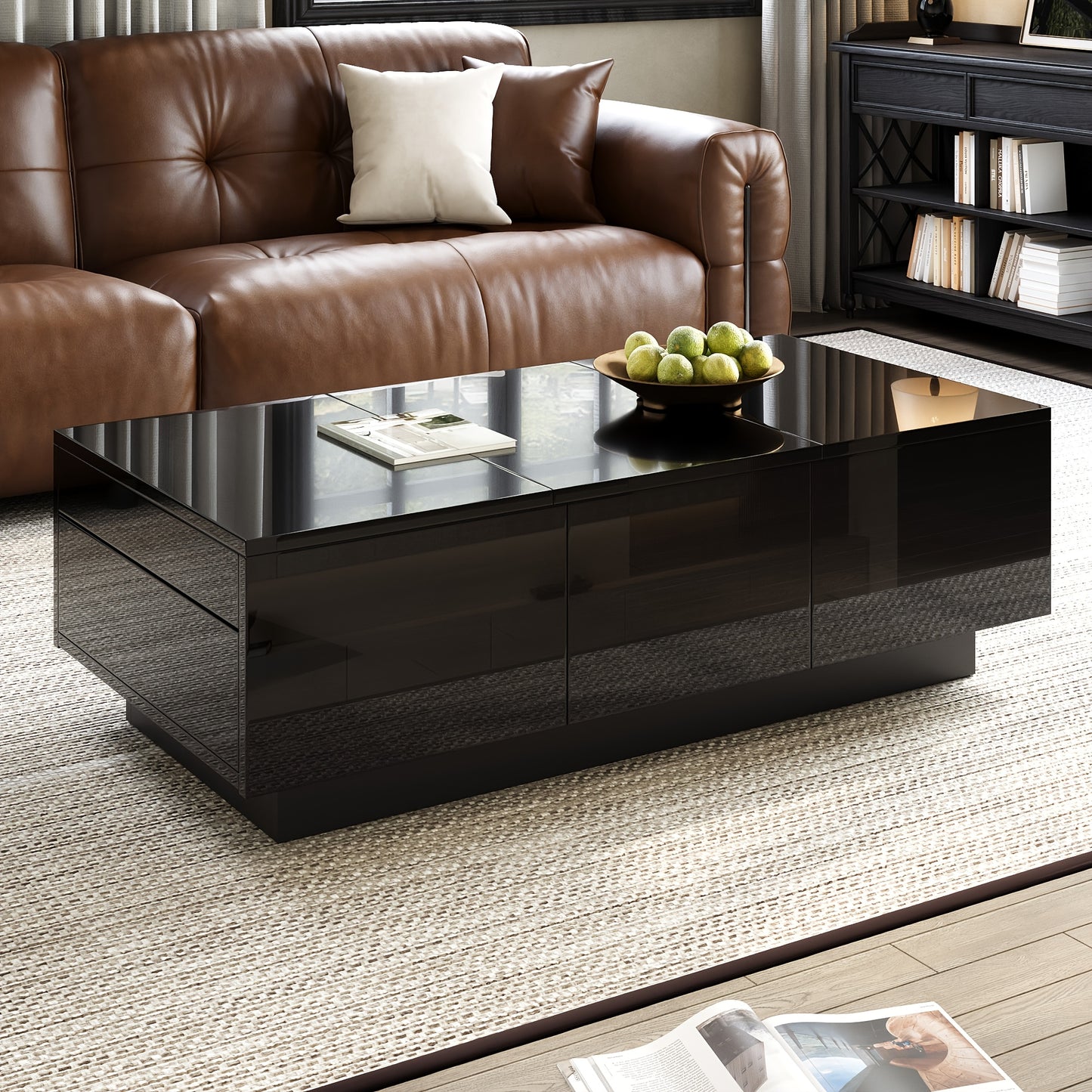 Modern High-Gloss Black Coffee Table with Drawers and Sliding Shelves | Rectangular Living Room Table with Ample Storage Space, Stylish Design, and Easy-to-Clean Surface