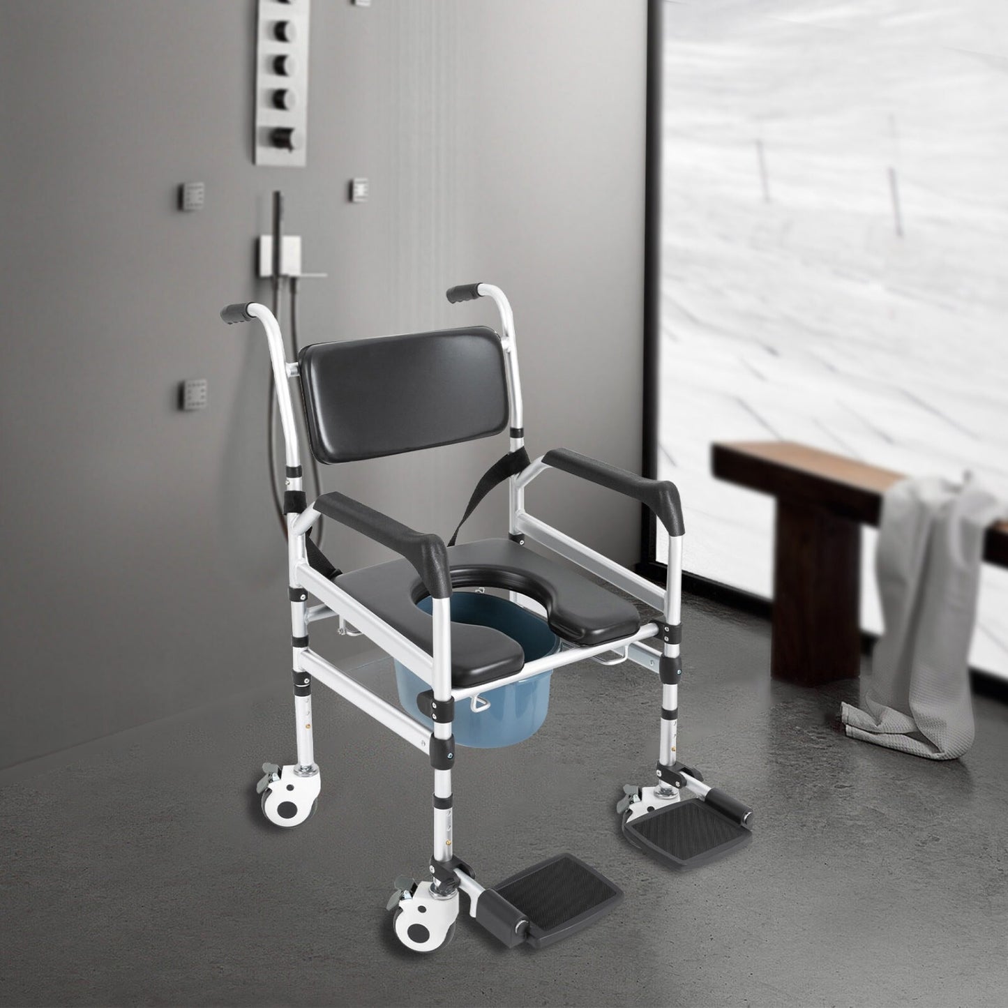 Douchestoel – Douchezitje – Badstoel – Douchekruk – Badkruk – Verstelbare Hoogte – Stabiel Tot 160 kg – Inklapbaar – Aluminium Frame – Ergonomisch Geplaatst – Veiligheidsriem – Antislip Wielen – Bidet – Zitting Met Bekleding – Zilver