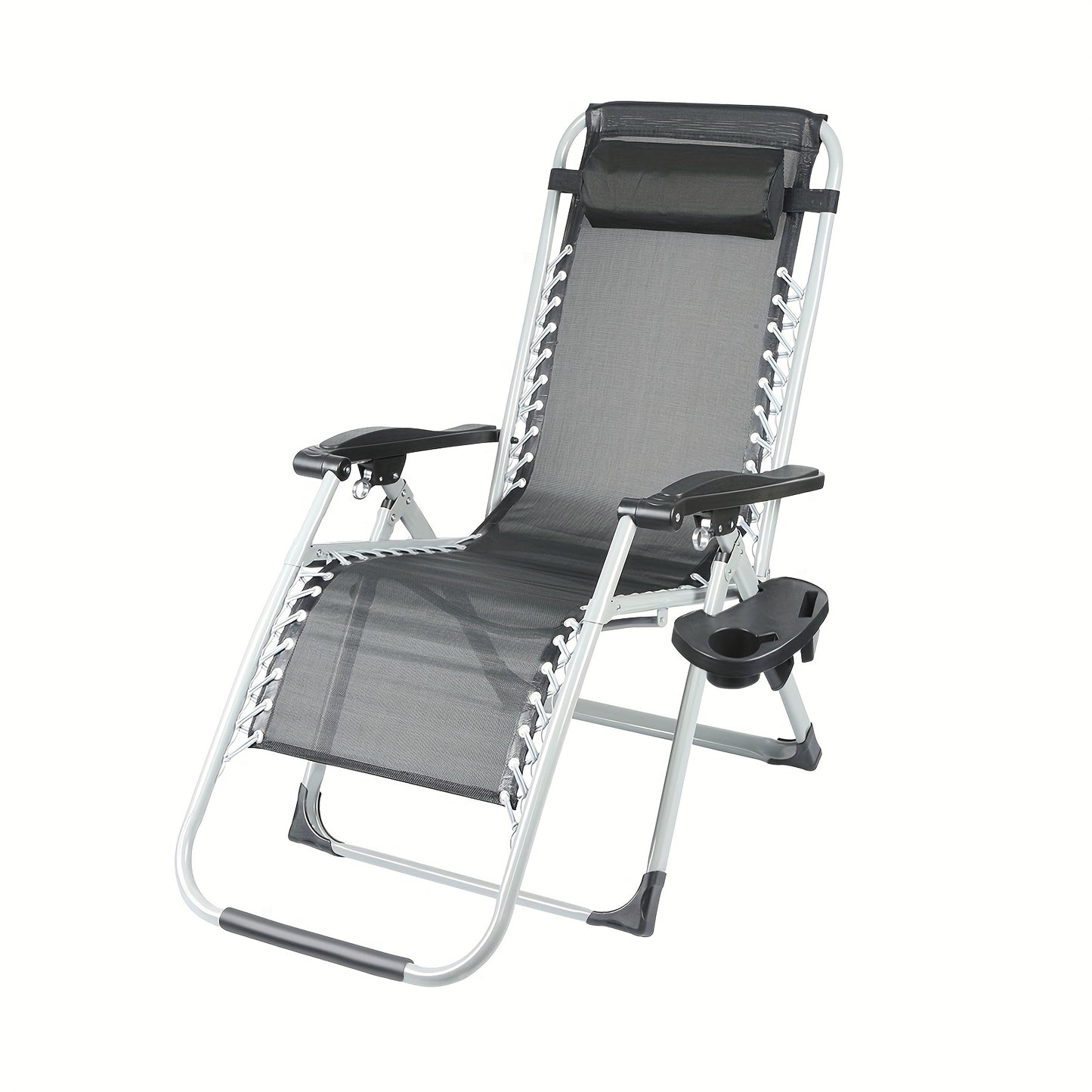 Foldable Space Saving Lounge Chair With Headrest & Side Tray - Oxford Fabric, 60x87x110cm For Patio, Garden, Balcony