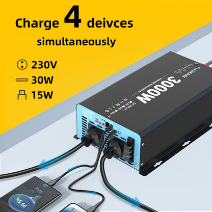3000W Omvormer – Spanningsomzetter – Stroomconverter – Inverter – DC Naar AC – 12V Naar 230V – Pure Sinus – 2 AC Stopcontacten Met Afstandsbediening