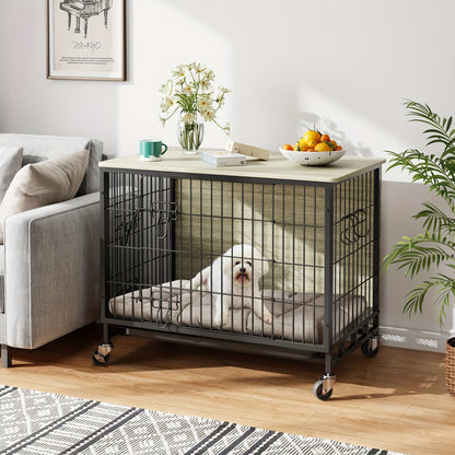 Hondenbench – Hondenkooi – Hondenhuisje – Bench Hond – Hondenhok – Hout – Dubbele Deuren – Met Wieltjes – Grijs – 70x50 cm – Voor Kleine en Middelgrote Honden