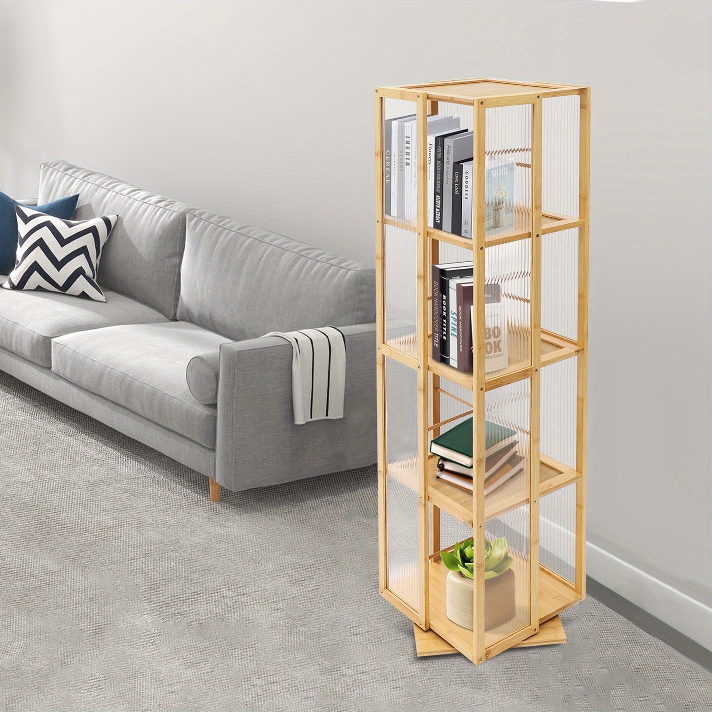 Boekenrek – Boekenplank – Boekenkast – Opbergkast – Draaibaar – 360° Draaibaar Ontwerp – Gerecycled Moso Bamboe & Acryl – Vrijstaand – 124 cm Hoog – Max 10 kg Per Plank