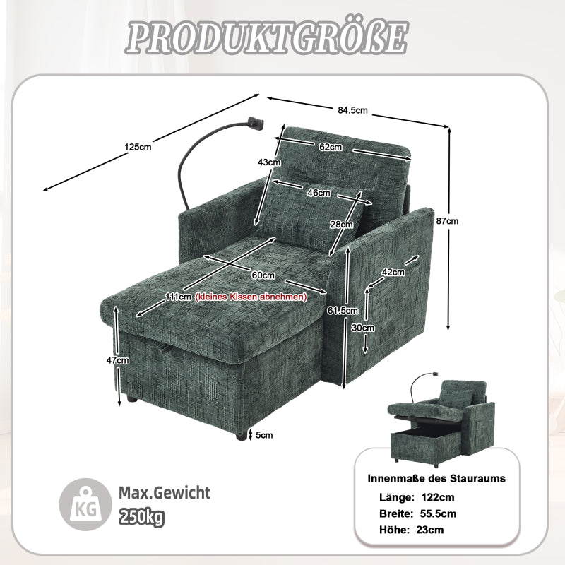 Loungestoel – Relaxstoel – Fauteuil – Leunstoel – Chenille Stoel – Inklapbaar & Ruimtebesparend – Zachte Chenille Bekleding & Telefoonhouder Met Opbergruimte