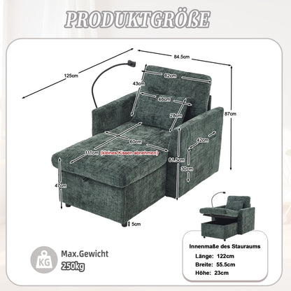 Loungestoel – Relaxstoel – Fauteuil – Leunstoel – Chenille Stoel – Inklapbaar & Ruimtebesparend – Zachte Chenille Bekleding & Telefoonhouder Met Opbergruimte