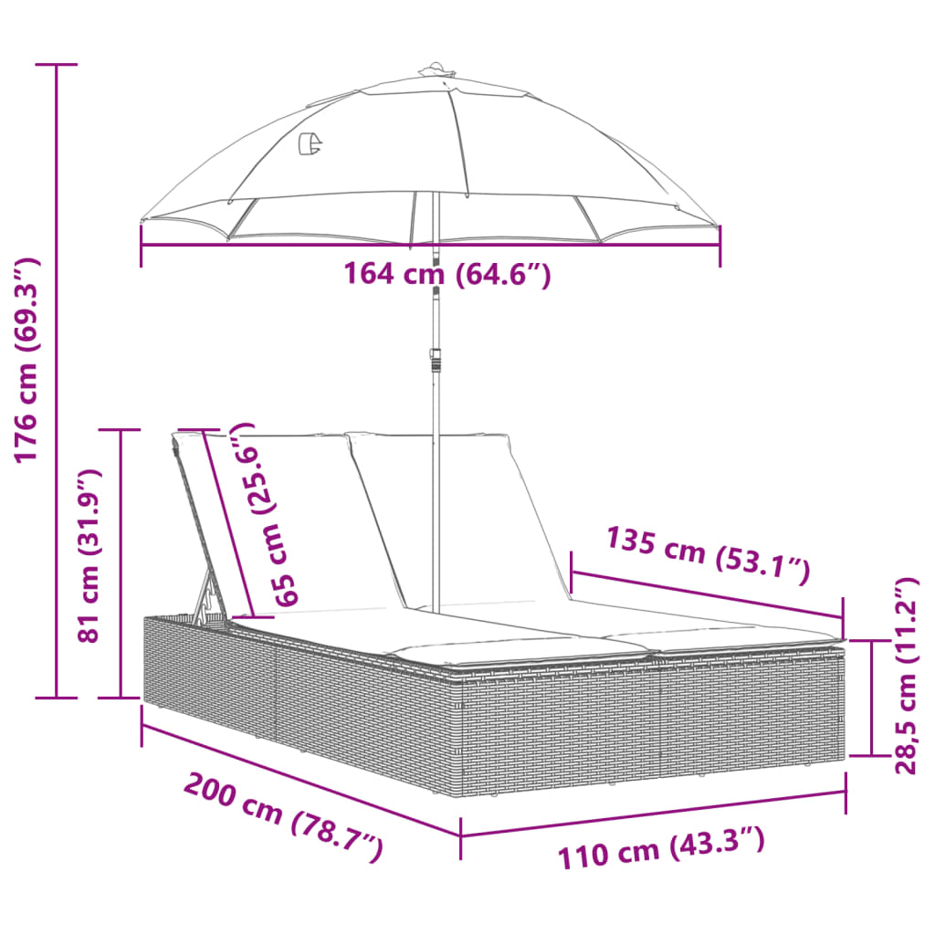 2-Persoons Ligstoel – Tuinstoel – Loungestoel – Buitenstoel – Balkonstoel – Verstelbare Rugleuning – Kantelbare Parasol