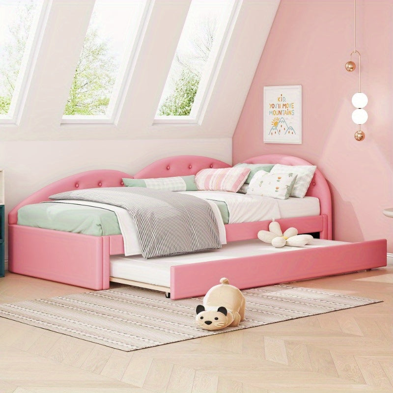 Slaapbank – Uitschuifbare Bedbank – Logeerbed – Bankbed – Bedbank 90x200 cm – Roze PU Leder – Modern Design – Handmatig Uitschuifbaar