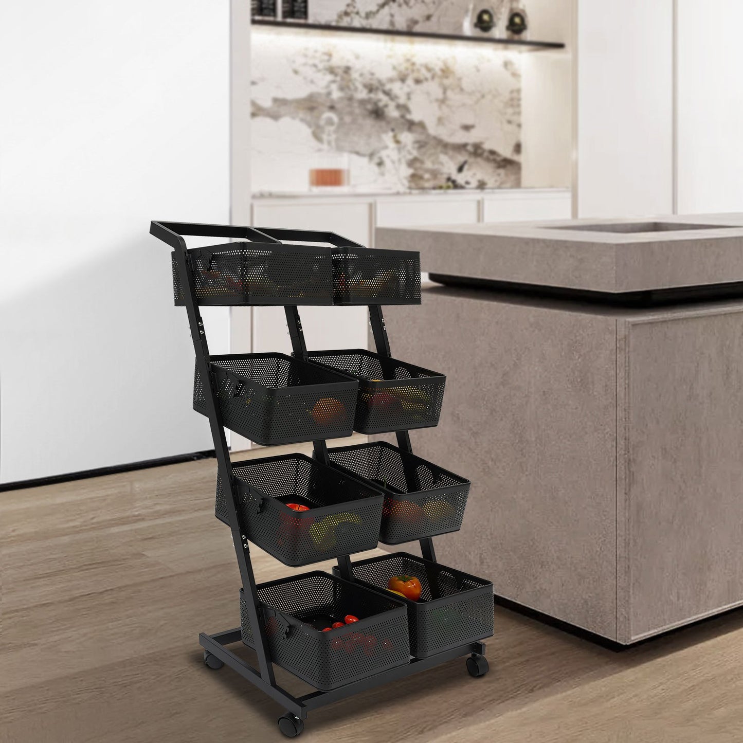 Opbergrekje – Opbergtrolley – Stellingkast – Opbergwagen – Opbergrek – Zwart Metalen Frame – 4 Laags Met 8 Grote Mandjes – Mobiel Met Remmen – Ruimtebesparend Verticaal Design (60x40,5x110 cm)