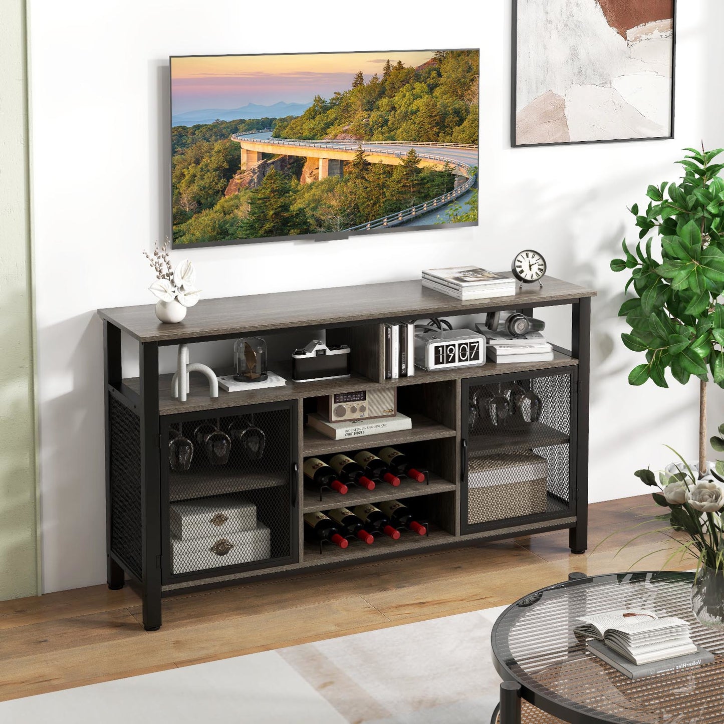 Keukenbuffet – Dressoir – Barkast – Wijnkast – Opbergkast – Ruimte voor 8 flessen – Glazenhouder voor 6 rijen – Metalen gaasdeuren – Verstelbare voetjes – Grijs/Zwart