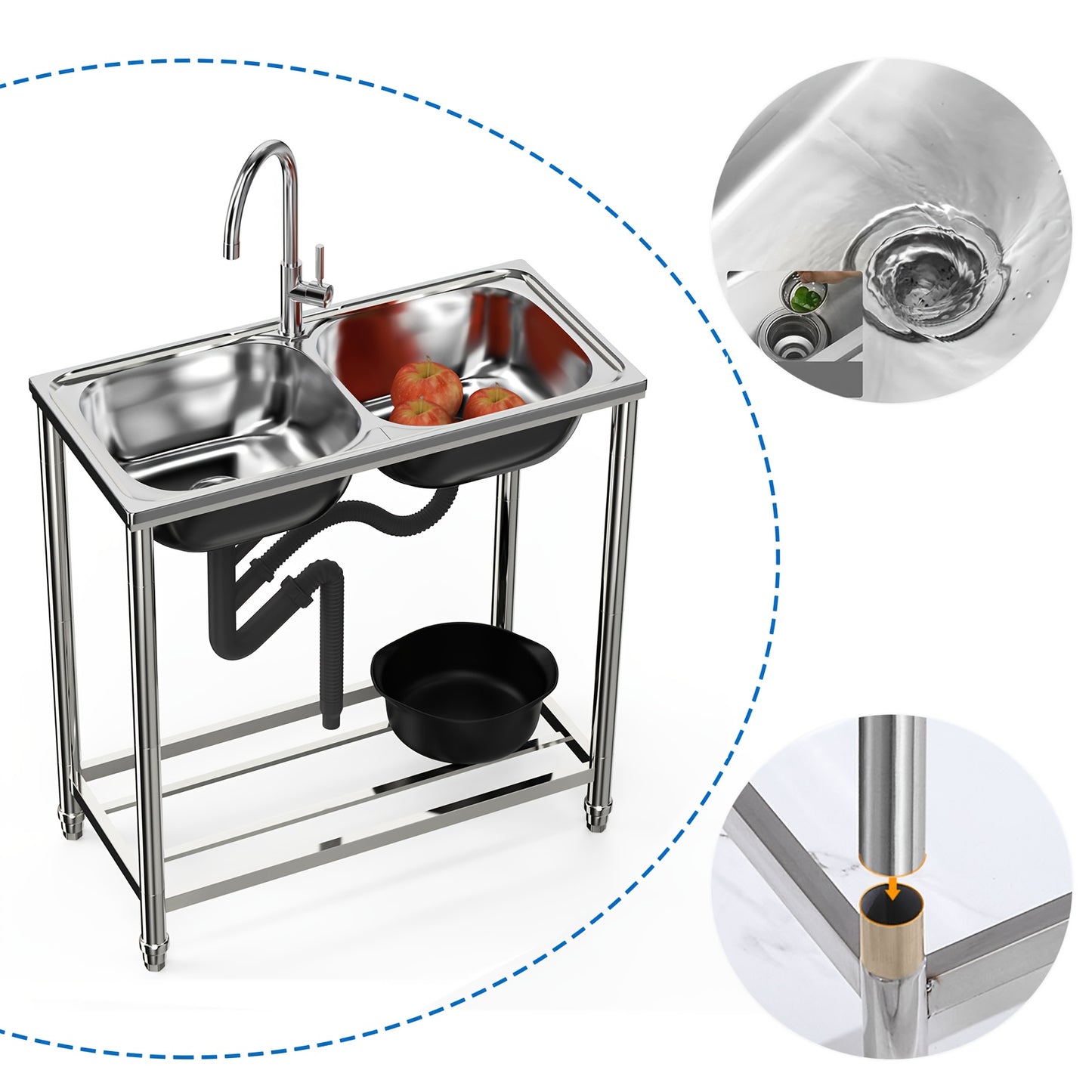 Stainless Steel Sink with Hot And Cold Water Taps, Freestanding Double Basin Sink with Drain Kit Suitable for Outdoor, Kitchen, Camping, Garden, 78x43cm