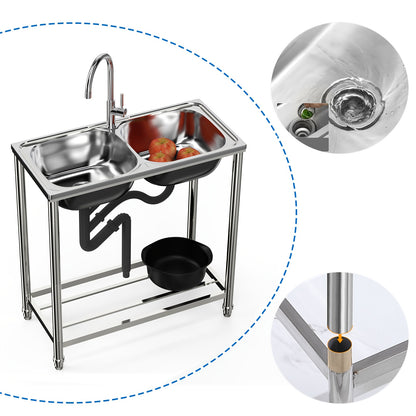 Stainless Steel Sink with Hot And Cold Water Taps, Freestanding Double Basin Sink with Drain Kit Suitable for Outdoor, Kitchen, Camping, Garden, 78x43cm