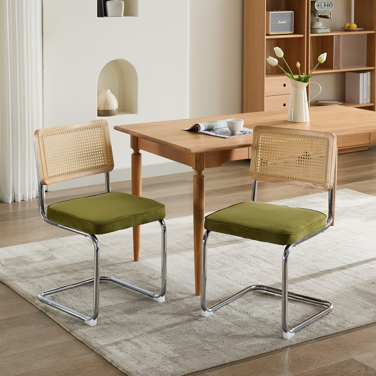 Two-piece Medieval-modern Dining Chair Set | Velvet Upholstered Seats, Natural Rattan Backrests, Stainless Steel Chrome-plated Base in Olive Green, Classic Style, Spot-clean Care