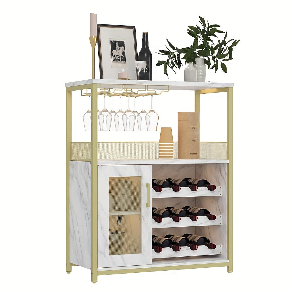Wijnkast – Wijnrek – Drankkast – Barmeubel – Opbergkast – Verstelbare Planken – Mesh Deur – Houten Modern Design – Geen Elektriciteit – Compact 91 cm Hoog – Voor 12 Flessen & 6 Glazen – Gouden Uitvoering