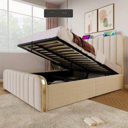 Upholstery Tweepersoonsbed – Bedframe – Slaapbank – Opbergbed – Hydraulisch Bed – 160x200 cm – Beige Linnen – Gouden Rand Hoofdeinde