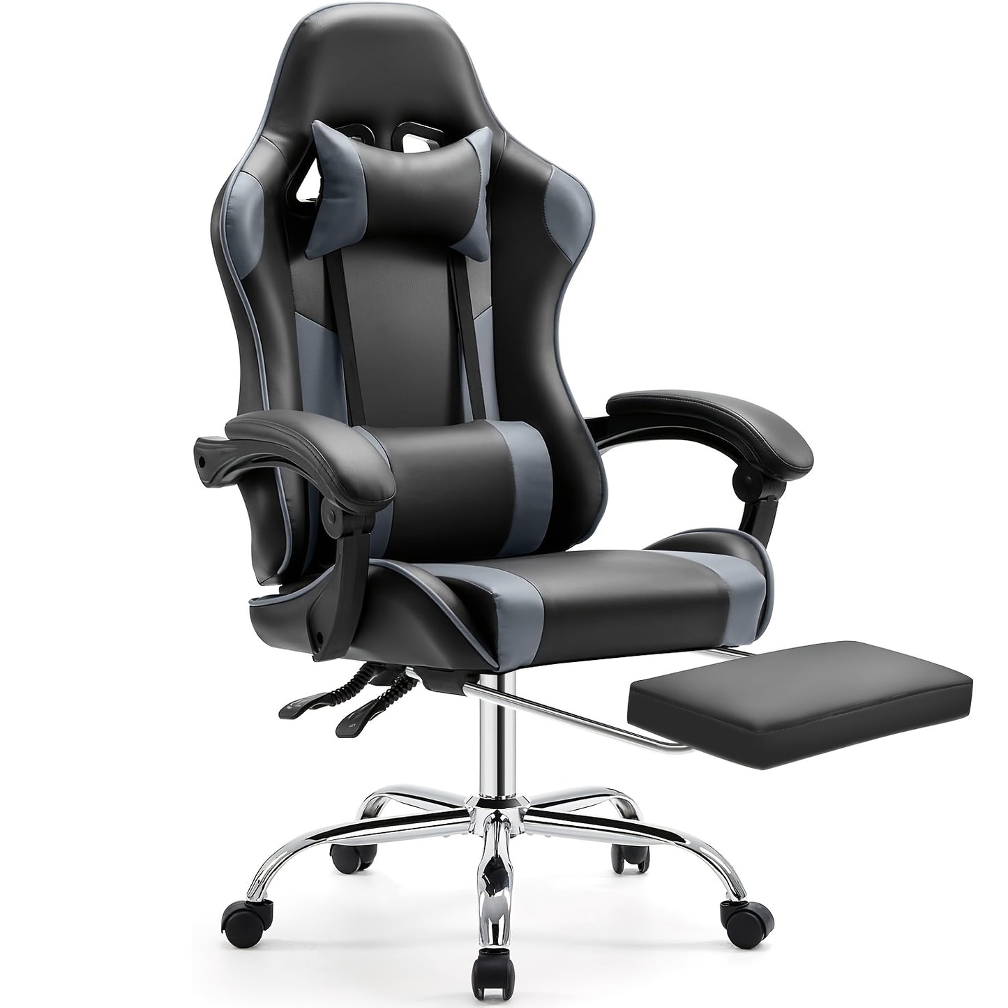 Ergonomische Gamingstoel – Bureaustoel – Gamestoel – Werkstoel – Computerstoel – Verstelbare Zithoogte – Memory Foam Kussens – Uitklapbare Voetensteun – Metalen Frame – Grijs