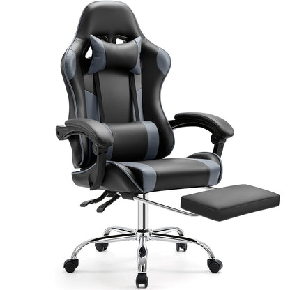 Ergonomische Gamingstoel – Bureaustoel – Gamestoel – Werkstoel – Computerstoel – Verstelbare Zithoogte – Memory Foam Kussens – Uitklapbare Voetensteun – Metalen Frame – Grijs